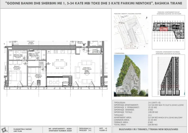 Tirane, shitet apartament 2+1 Kati 3, 330.000 € (The New Boulevard)