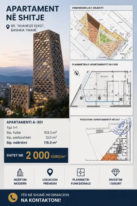 Tirane, shitet apartament 1+1 Kati 3, 115 m² 230.600 € (xhanfize keko)