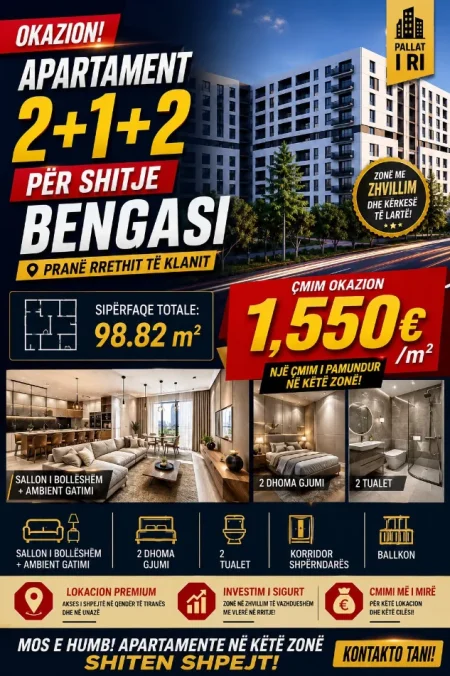 Tirane, shitet apartament 2+1+Aneks+Ballkon , 99 m² 153.170 € (Kompleksi Bengasi)