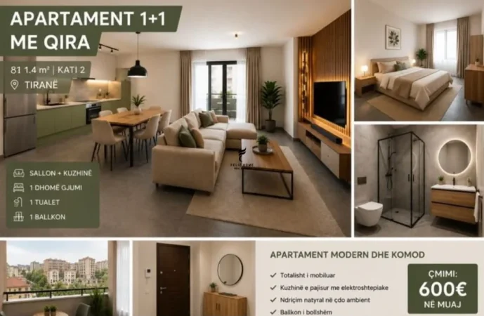 Tirane, jepet me qera apartament 1+1 Kati 2, 80 m² 600 € (KINOSTUDIO)