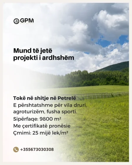 Nëse kërkon një pronë me potencial zhvillimi pranë Tiranës, kjo tokë në Petrelë është zgjedhja ideale për të kthyer një vizion në realitet.