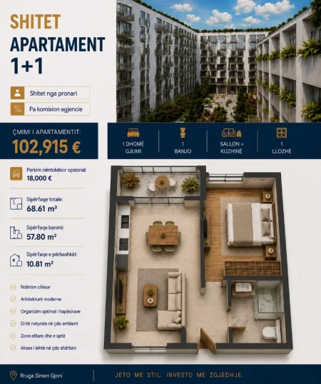 Tirane, shitet apartament 1+1 Kati 2, 69 m² 103.000 € (Simon Gjoni)