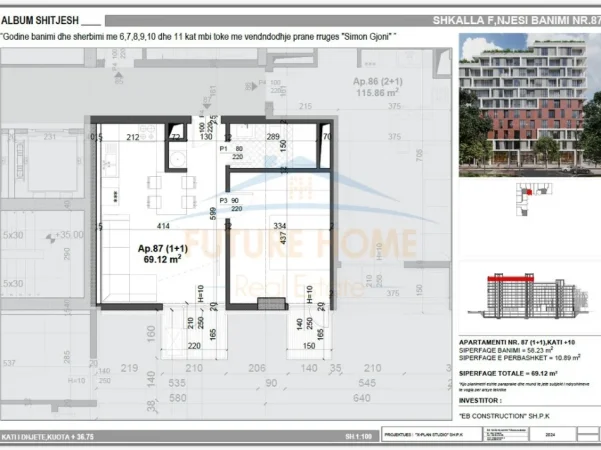 Tirane, shes apartament 1+1+Ballkon Kati 10, 69 m² 105.000 € (Meis garden)