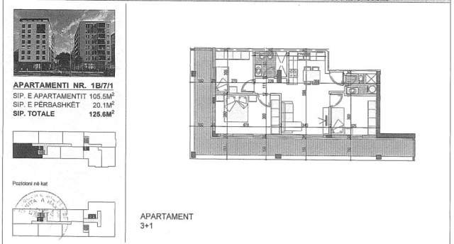 Tirane, shitet apartament 3+1+BLK Kati 7, 1.256 m² 125.600 Euro (29 nentori)