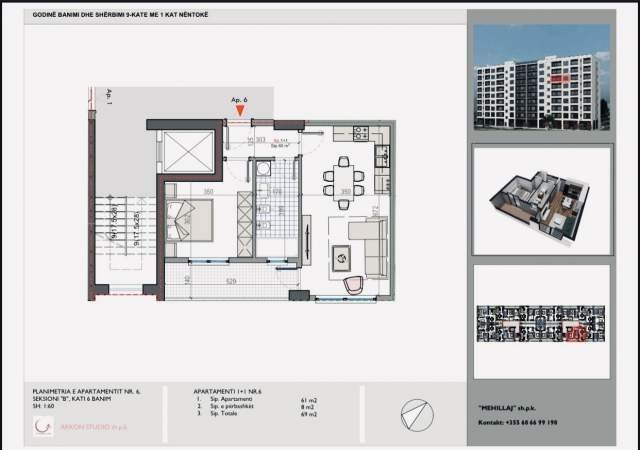 Tirane, shes apartament 1+1 Kati 6, 69 m² 43.000 Euro (Kamez)