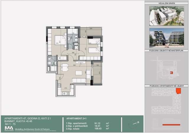 Tirane, shes apartament 2+1 Kati 2, 109 m² 87.200 Euro (QTU)