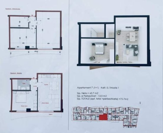 Shengjin, shes apartament 1+1 Kati 3, 75 m² 1.100 Euro/m2 (Shengjin)