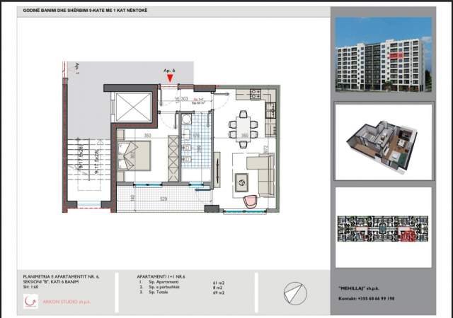 Tirane, shitet apartament 1+1+BLK Kati 6, 69 m² 43.000 Euro (rruga Teuta)