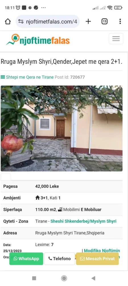 Tirane, jepet me qera shtepi 3+1 Kati 1, 110 m² 42.000 Leke (Myslym Shyri)