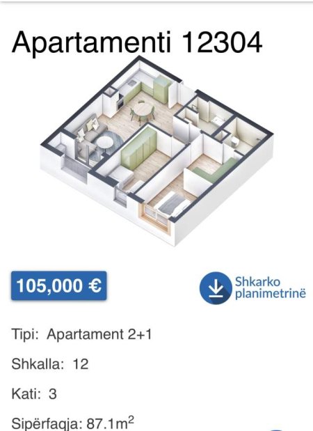 Tirane, shes apartament 2+1+BLK Kati 3, 87 m² 105.000 Euro (Pasho Hysa)