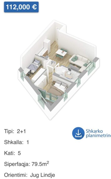 Tirane, shitet apartament 2+1+BLK Kati 5, 79 m² 112.000 Euro (Pasho Hysa)