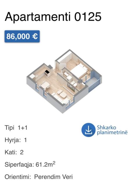 Tirane, shitet apartament 1+1 Kati 2, 61 m² 86.000 Euro (Dalit Topi)