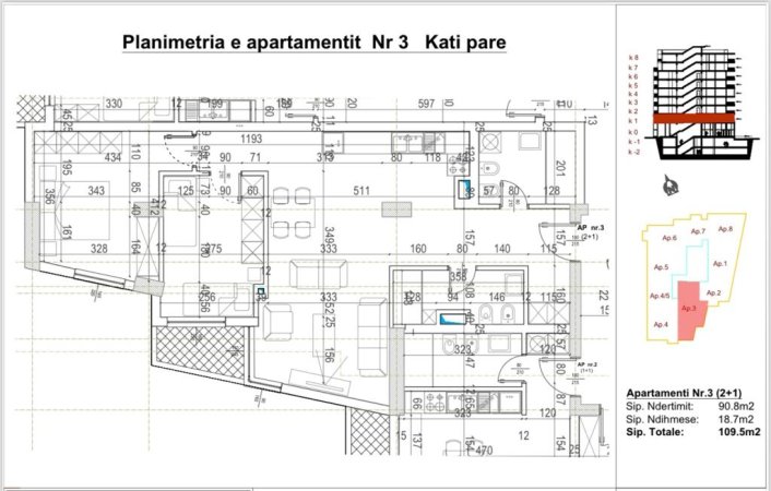 Tirane, shes apartament 2+1+BLK Kati 1, 90 m² 174.400. +