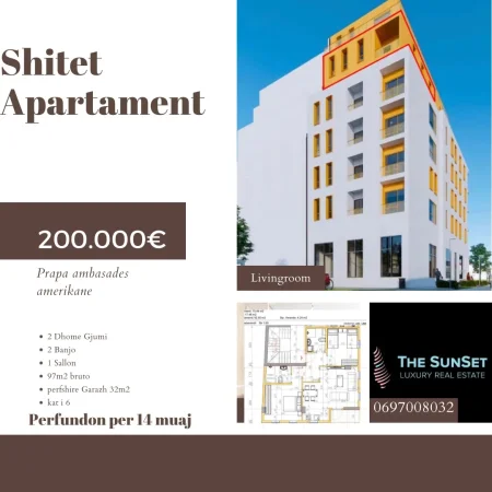 Apartament 2+1+2 97 m2 broto pallati perfundon per 14 muaj 200m pas ambasades amerikane