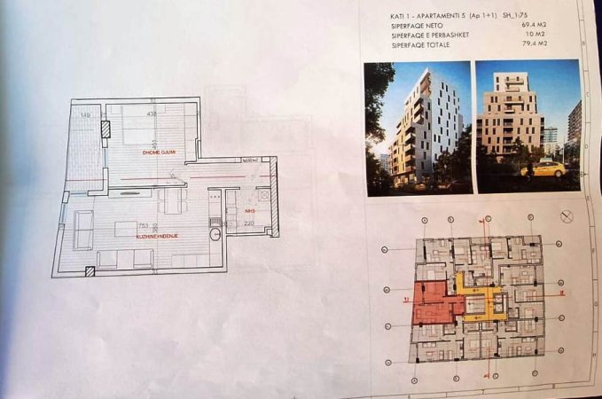 👉Apartament 1+1, ne katin e 1 te banimit, 79.4 m2