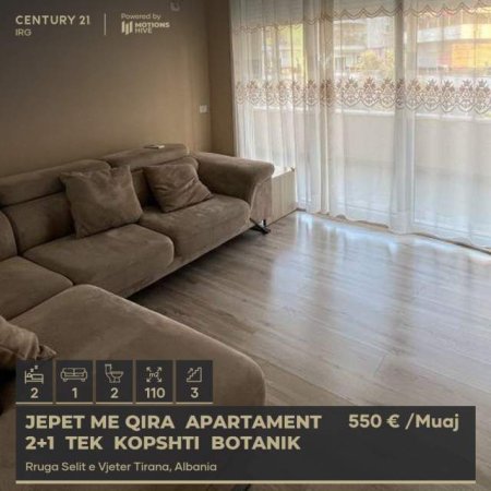 Tirane, jepet me qera apartament 2+1 Kati 3, 110 m² 550 Euro (kopshti botanik)