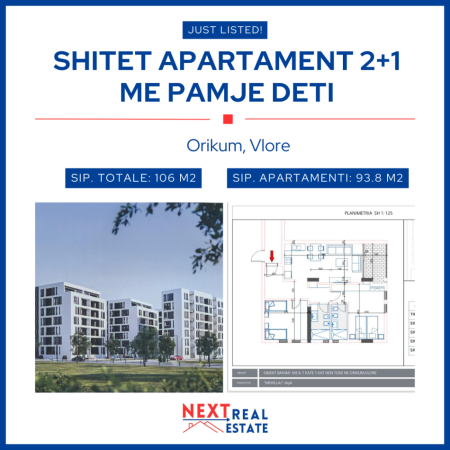 SHITET APARTAMENT 2+1 ME PAMJE DETI NE ORIKUM, VLORE