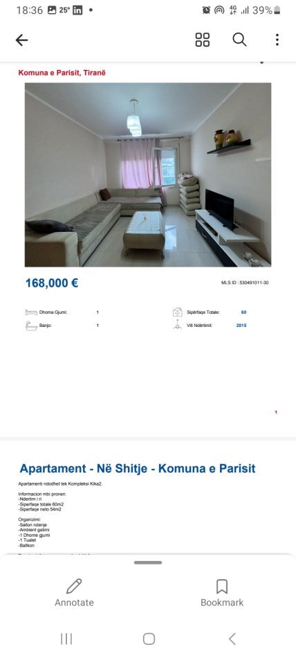 Tirane, shitet apartament 1+1+Ballkon, Kati 6, 60 m2 168,000 € (Medar Shtylla Komuna e Parisit)