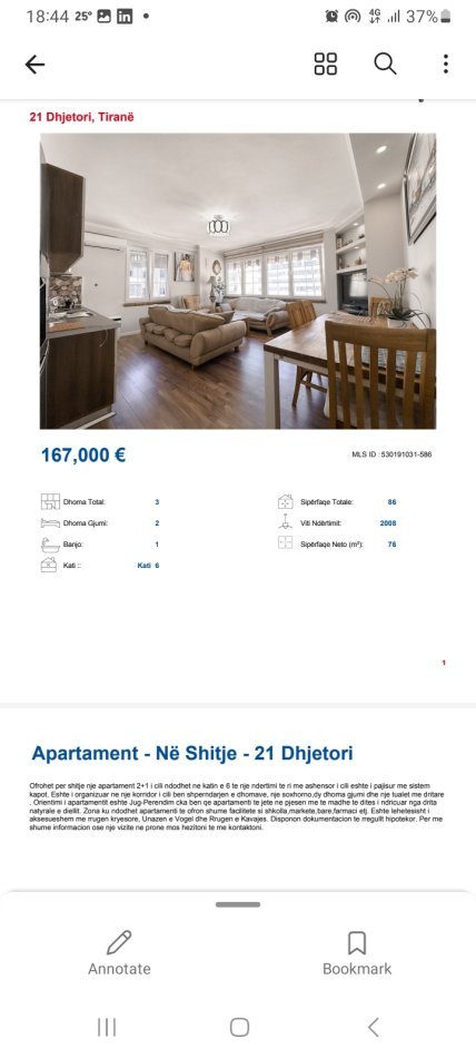 Tirane, shitet 2+1+Ballkon, Kati 5, 80 m2 167,000 € (Sali Butka te 21 Dhjetori)