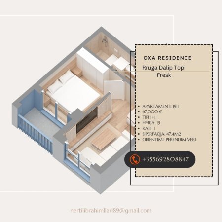 Tirane, shes apartament 1+1+Ballkon, Kati 1, 47 m2 67,000 € (Rruga Dalip Topi)