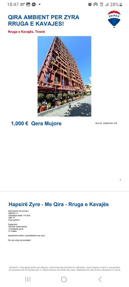 Tirane, jepet me qera zyre , Kati 10, 110 m2 (Garden Building 21 Dhjetori Rr Kavaje)