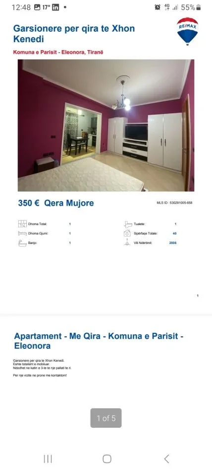 Tirane, jepet me qera garsonier 1+1, Kati 3, 30 m² 350 € (Te eleonora kodra e diellit)