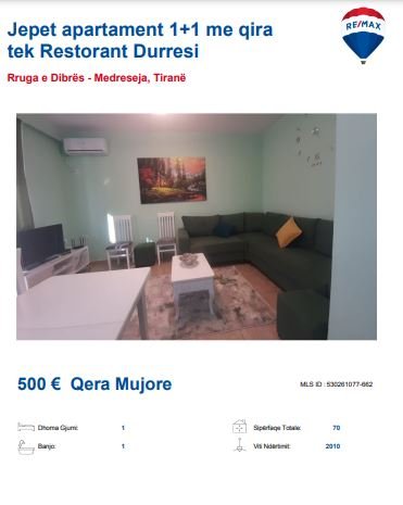 Tirane, jepet me qera apartament 1+1, Kati 3, 70 m² 500 € (TE RESTORANT DURRESI)