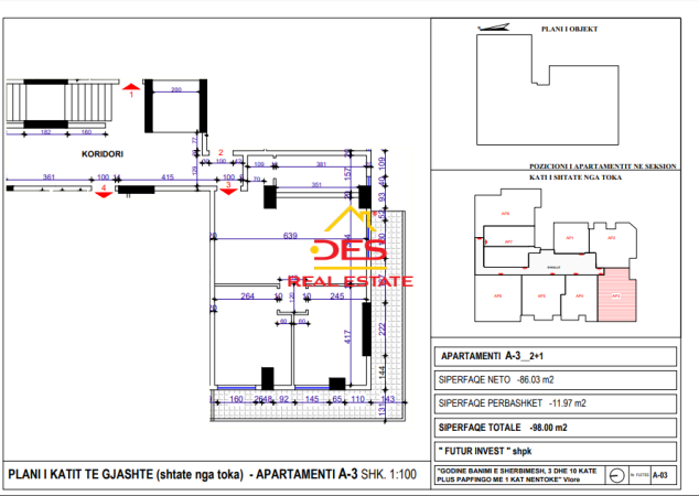 Vlore, shitet apartament 2+1, Kati 6, 98 m² (Transballkanike,Vlore)