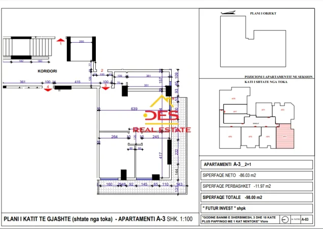 Vlore, shitet apartament 2+1, Kati 6, 98 m² (Transballkanike,Vlore)