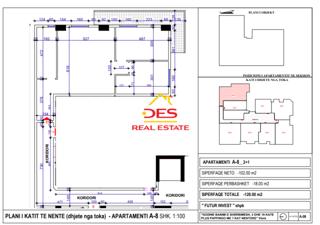 Vlore, shitet apartament 2+1, Kati 6, 98 m² (Transballkanike,Vlore)