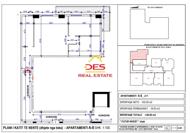 Vlore, shitet apartament 2+1, Kati 6, 98 m² (Transballkanike,Vlore)