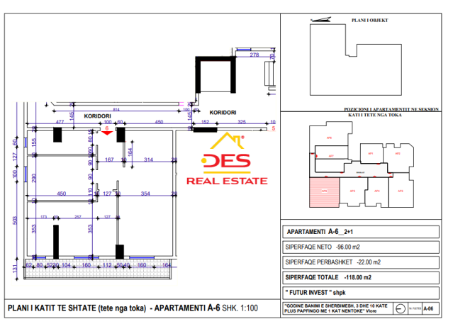 Vlore, shitet apartament 2+1, Kati 6, 98 m² (Transballkanike,Vlore)