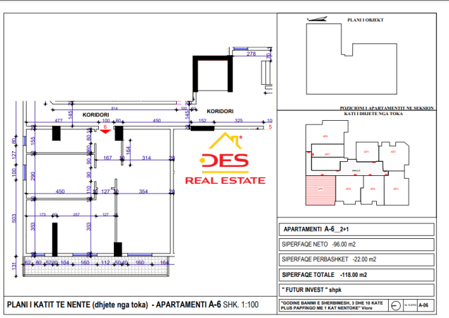 Vlore, shitet apartament 2+1, Kati 6, 98 m² (Transballkanike,Vlore)