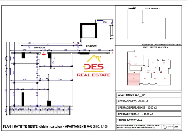 Vlore, shitet apartament 2+1, Kati 6, 98 m² (Transballkanike,Vlore)