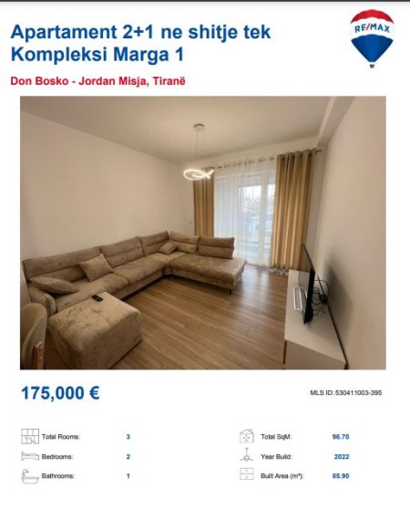 Tirane, shitet 2+1, Kati 3, 175,000 € (DON BOSKO KOMPLEKSI MARGA)