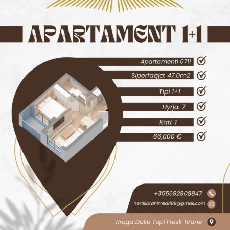 Tirane, shes apartament 1+1+Ballkon, , 47 m² 66,000 € (Rruga Dalip Topi)