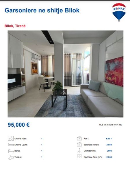 Tirane, shitet garsonier 1+1, Kati 7, 28 m² 95,000 € (BLLOK)