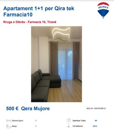 Tirane, jepet me qera apartament 1+1, Kati 4, 65 m² 500 € (FARMACIA 10 RR DIBRE)