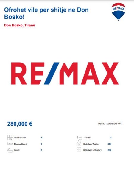 Tirane, jepet me qera Vile 3 Katshe, Kati 3, 234 m² 280,000 € (DON BOSCO)