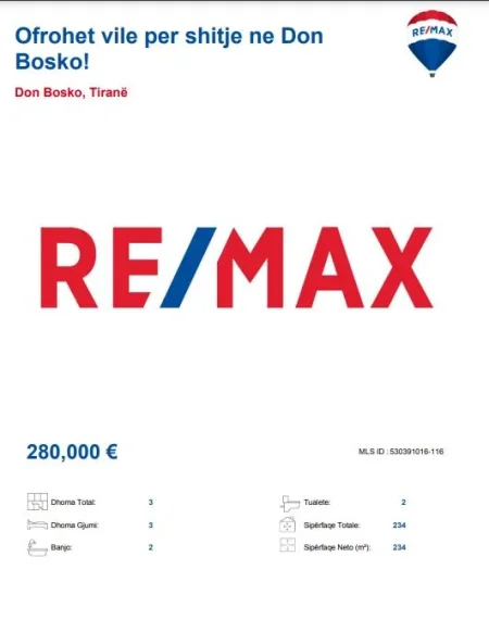 Tirane, jepet me qera Vile 3 Katshe, Kati 3, 234 m² 280,000 € (DON BOSCO)