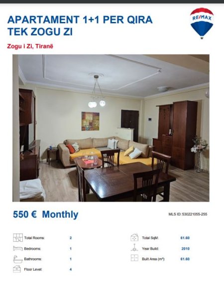 Tirane, jepet me qera apartament 1+1, Kati 3, 60 m² 550 € (ZOGU I ZI)
