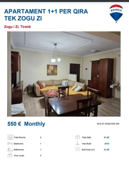 Tirane, jepet me qera apartament 1+1, Kati 3, 60 m² 550 € (ZOGU I ZI)