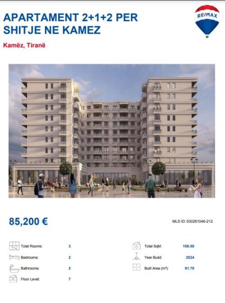 Tirane, shitet apartament 2+1, Kati 7, 105 m² 82,500 € (KAMEZ)