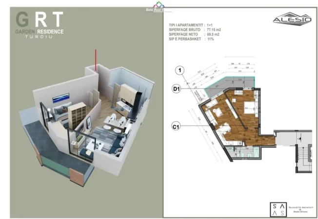 Tirane, shes apartament 1+1+Ballkon, Kati 4, 77 m² 108,000 € (Fusha e Aviacionit)
