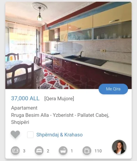 Tirane, jepet me qera apartament 2+1 Kati 6, 100 m² 370 € (Besim Alla pallatet çabej te hotel 7777)