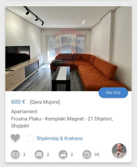 Tirane, jepet me qera apartament 2+1 Kati 5, 95 m² 600 € (Frosina Plaku)