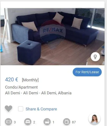 Tirane, jepet me qera apartament 2+1 Kati 6, 75 m² 420 € (ali dem mangalem)
