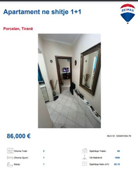 Tirane, shitet apartament 1+1 Kati 3, 60 m² 86.000 € (porcelan)