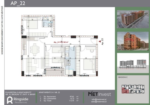 Tirane, shitet apartament 3+1+Ballkon Kati 4, 113 m² 118.350 € (Rruga Lidhja e Prizrenit)