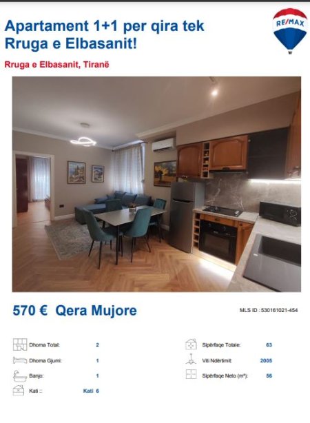 Tirane, jepet me qera apartament 1+1 Kati 5, 65 m² 570 € (Rruga e Elbasanit)
